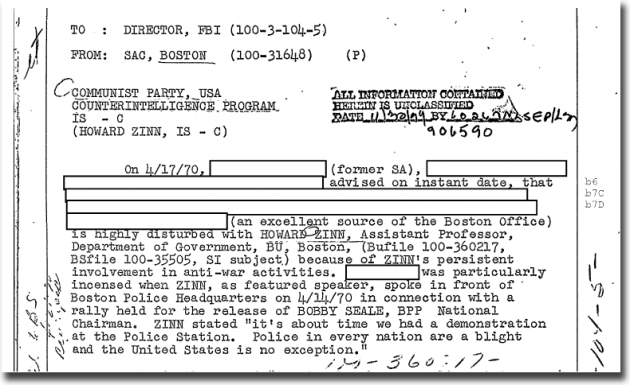 The FBI file on BU professor Howard Zinn reveals that someone within the upper ranks of the university was "highly disturbed" by Zinn's anti-police statements in 1970.
