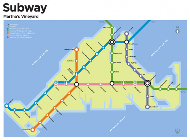 The designer Rob Stewart imagined subway lines in places without public transit and then mapped his creations, such as this one for Martha's Vineyard.
