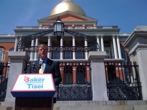 Republican gubernatorial candidate Charlie Baker capped a day of dueling news conferences in front the State House on Wednesday. (Adam Ragusea/WBUR)