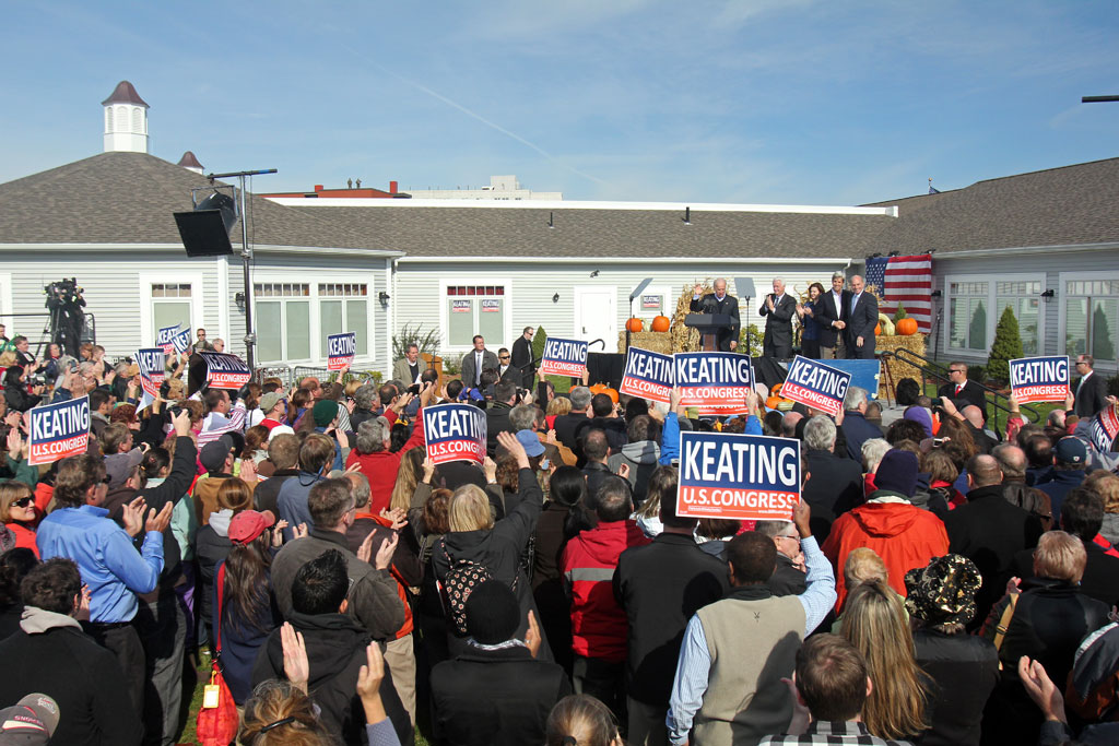 Keating supporters cheered as Biden concluded his speech at the Elks Lodge in Quincy. (Andrew Phelps/WBUR)
