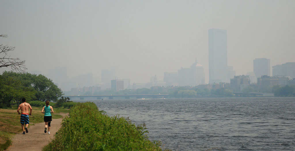 In May, the Boston skyline was obscured by the smoky haze from wildfires in Canada. (Jess Bidgood for WBUR)