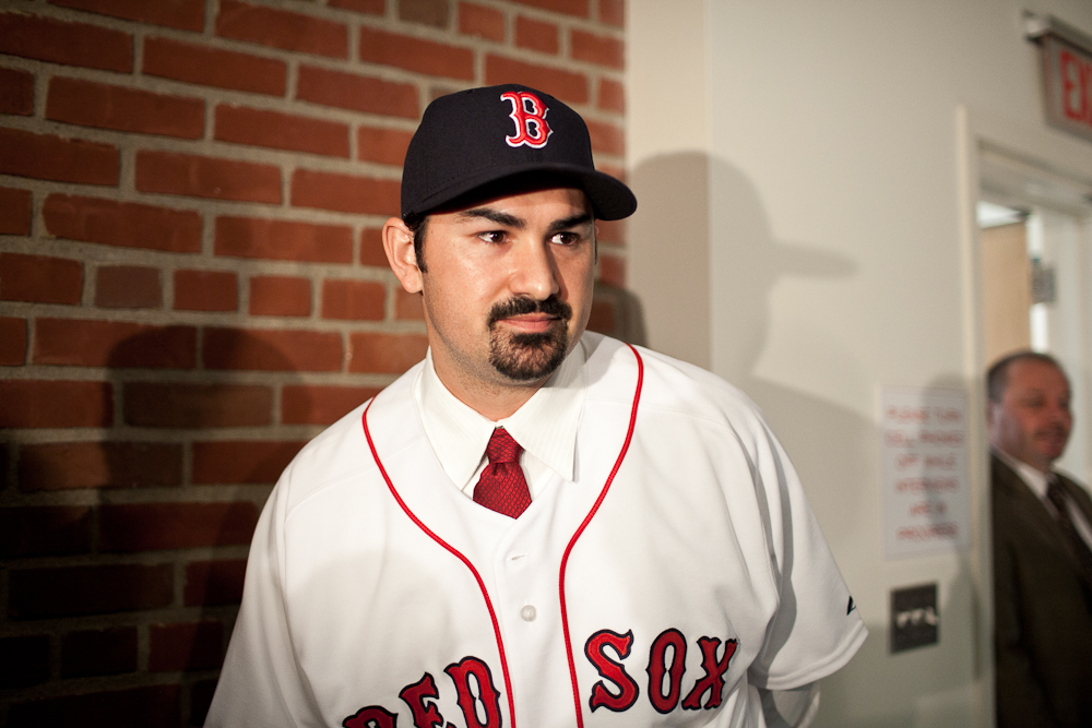 Newly minted Red Sox player Adrian Gonzalez after a Fenway Park press conference on Monday (Nick Dynan for WBUR)