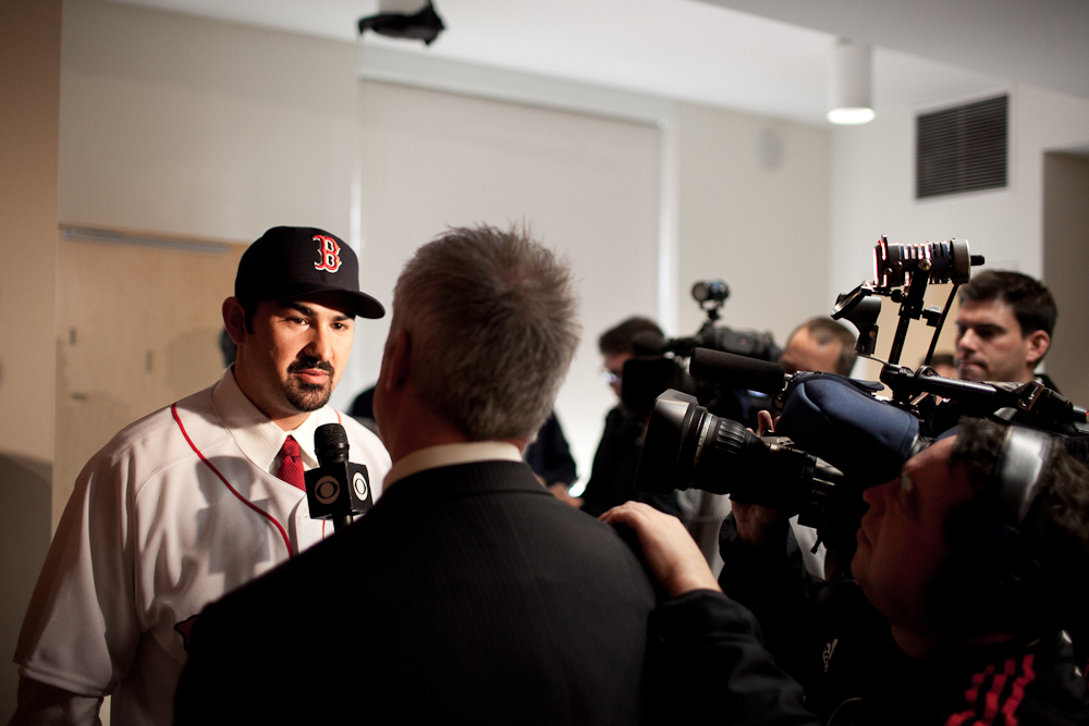 The left-handed Gonzalez has a career 168 homers and 525 RBIs. (Nick Dynan for WBUR)