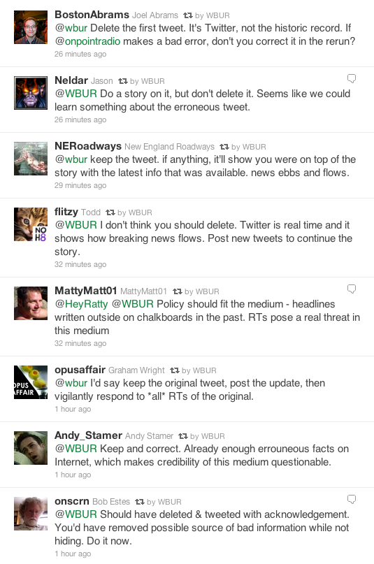 A screen shot of WBUR's Twitter page shows our followers are divided about whether to delete an erroneous tweet about the Giffords shooting.