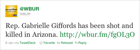 WBUR tweeted, erroneously, on Jan. 8 that Rep. Gabrielle Giffords had died.
