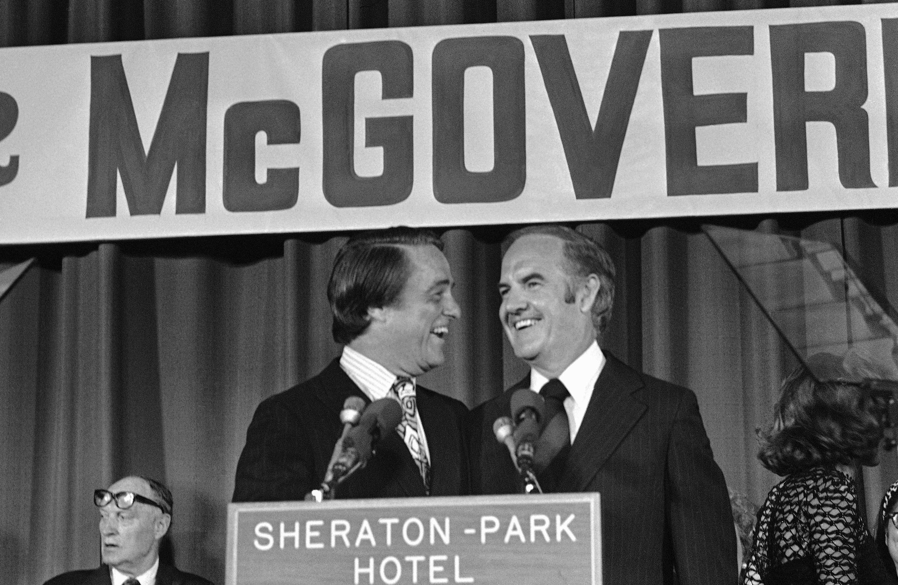 Sen. George McGovern and R. Sargent Shriver in Washington on Aug. 8, 1972, after the Democratic National Committee endorsed Shriver as the new vice-presidential nominee. (AP)