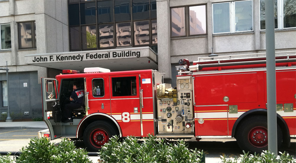 Authorities investigate white powder found at Sen. Scott Brown's office at the John F. Kennedy Federal Building in Boston Tuesday. (Steve Brown/WBUR)