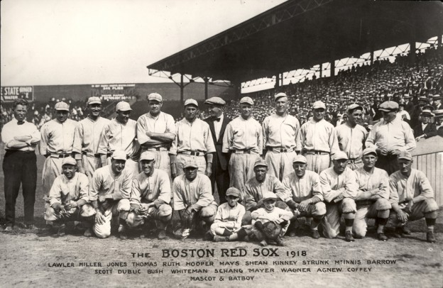 The 1918 Boston Red Sox, including Babe Ruth, fifth from left. Click to enlarge. (Courtesy National Baseball Library)