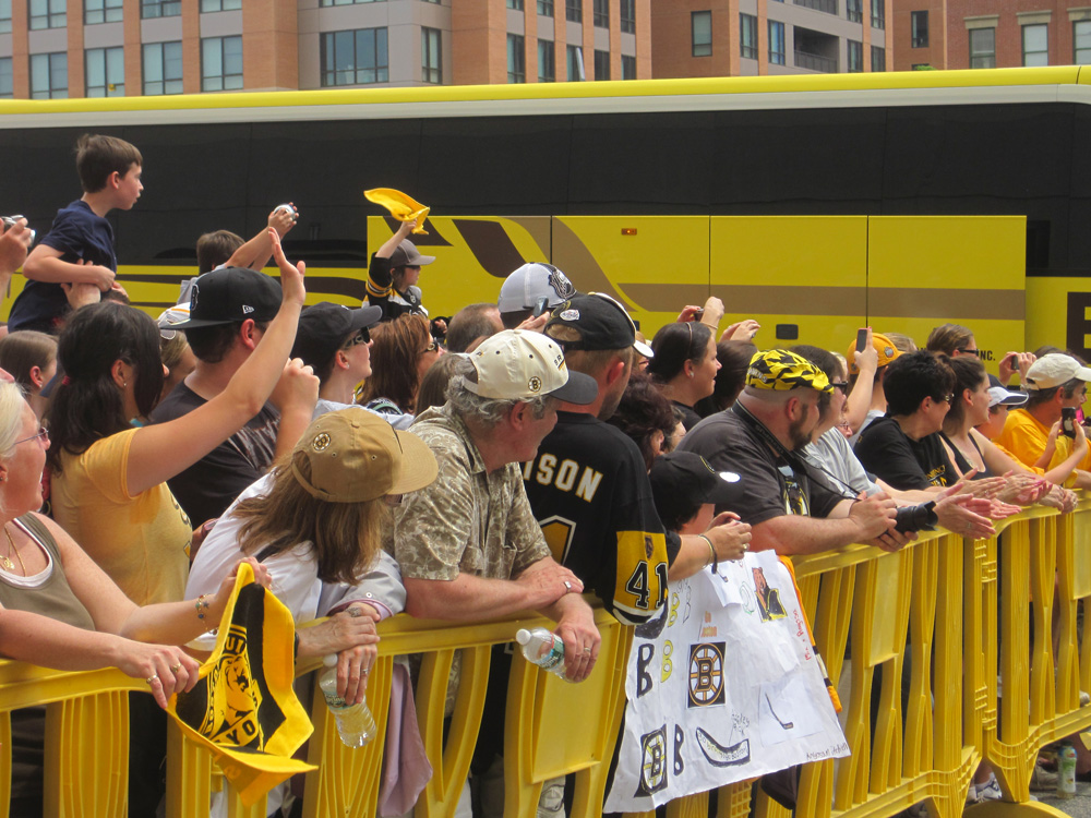 Bruins fans waited outside the TD Garden to send the team off to Vancouver. (Jack Lepiarz for WBUR)