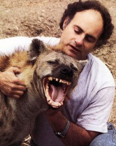 Laurence Frank with Tuffie at the University of California at Berkeley hyena facility.